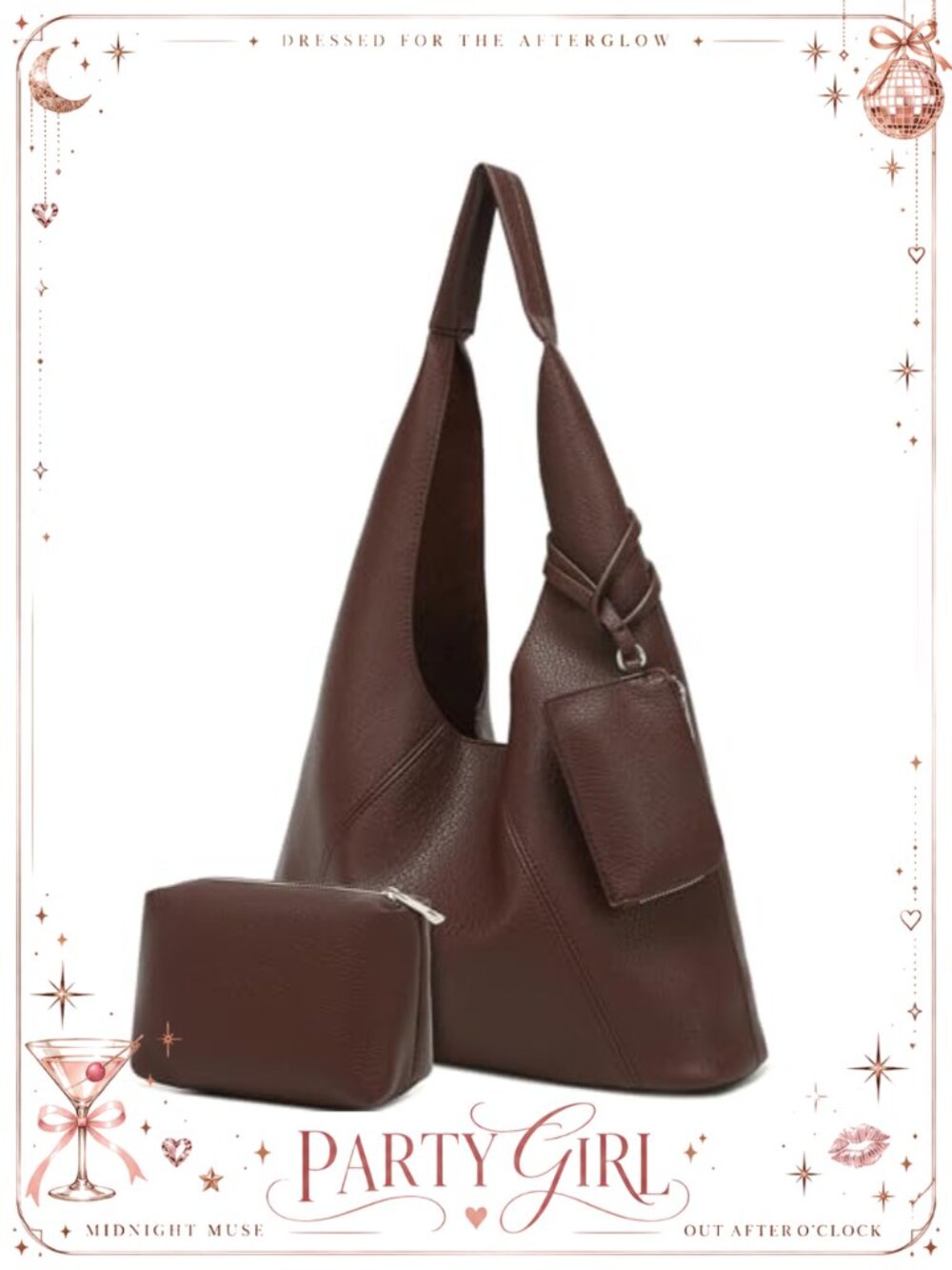 Vegan Leather 3-Piece Hobo Shoulder Bag Set Tote Clutch